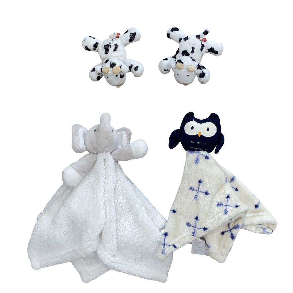 Owl & Elephant Baby Security Blankets and Cow Pacifier Holders Set